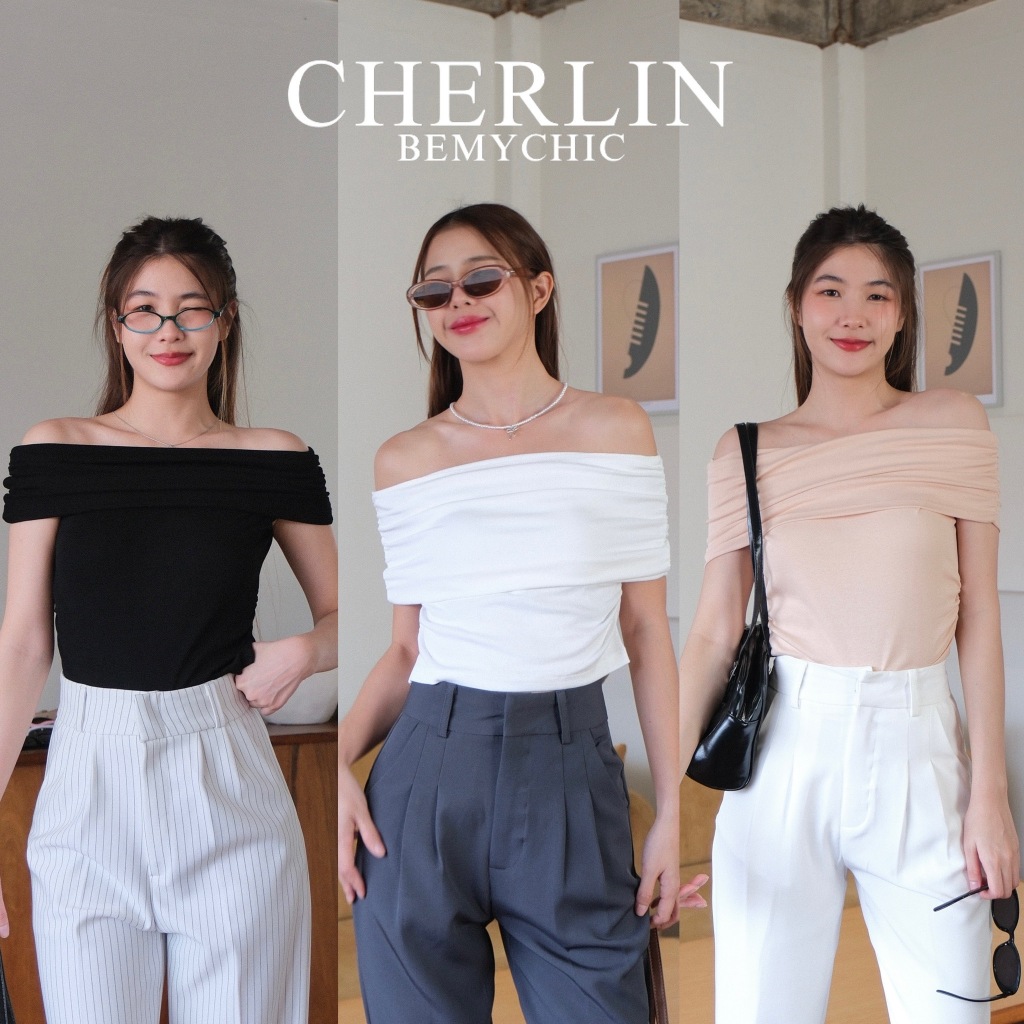 BEMYCHIC เสื้อเปิดไหล่แต่งย่นข้าง เสื้อปาดไหล่ผ้าคอตตอนพรีเมียม หนา นุ่ม รุ่น CHERLIN