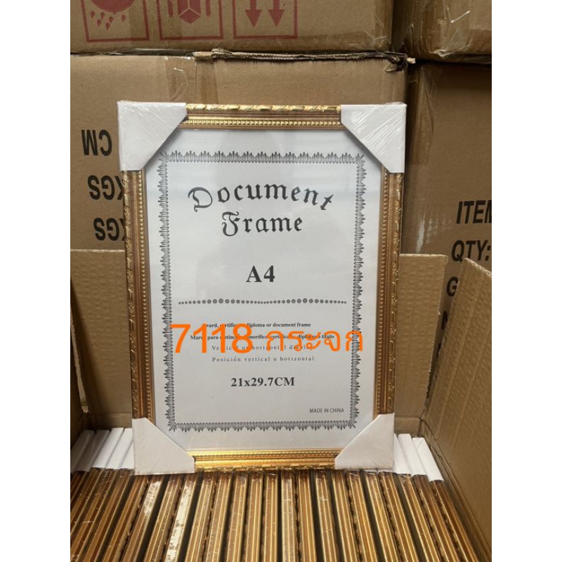 กรอบรูป A4 สีทอง กระจก กรอบรูปขนาด A4 กระจกใส่รูปขนาด 21*29.7 CM มีขาตั้ง