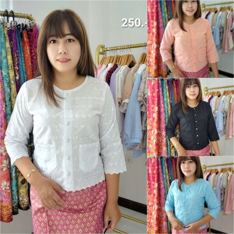 อก34-52 นิ้ว เสื้อผ้าฝ้ายปักลายคอกลมแขนห้าส่วน แต่งกระเป๋าหน้า ไปวัด ทำบุญ สงกรานต์
