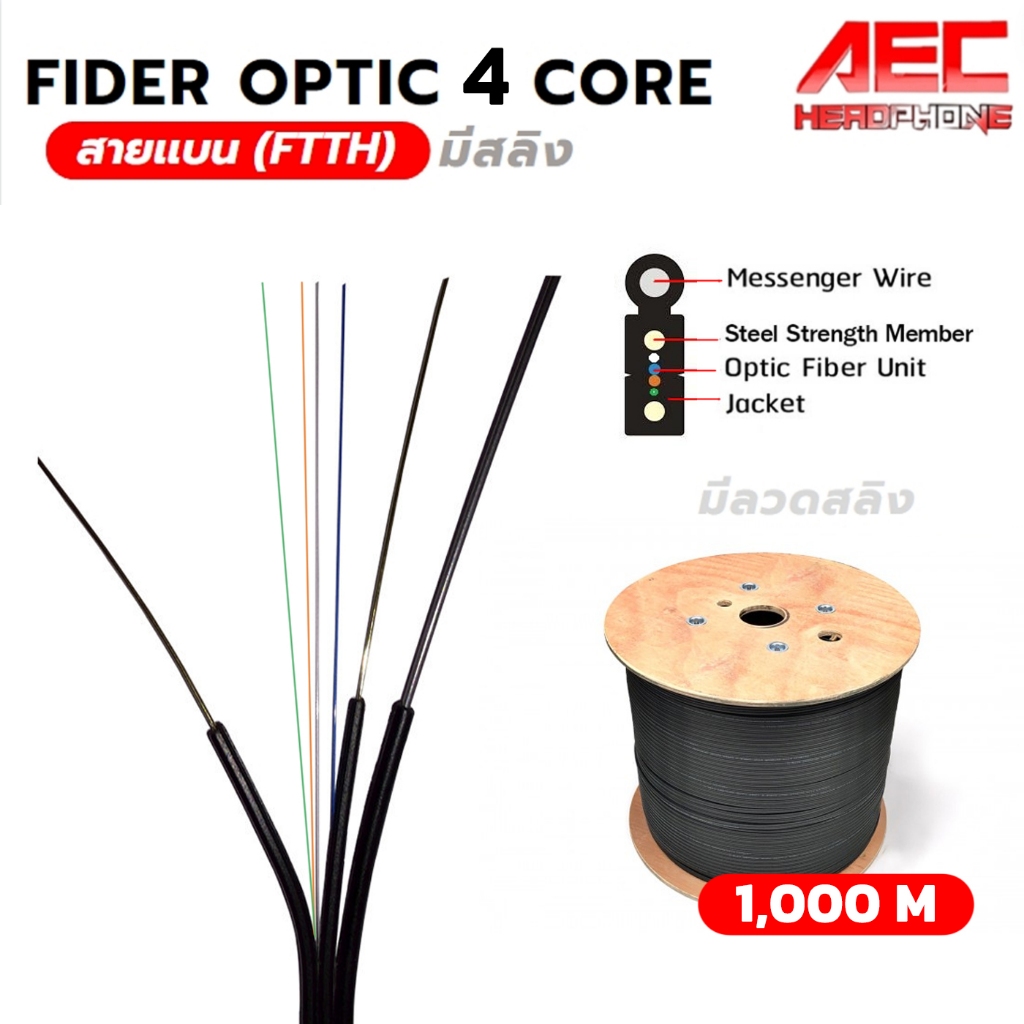 สายไฟเบอร์ ออฟติก มีสลิง 4 Core Fiber Optic + Sling Outdoor Cable สายเเบน FTTH FTTX