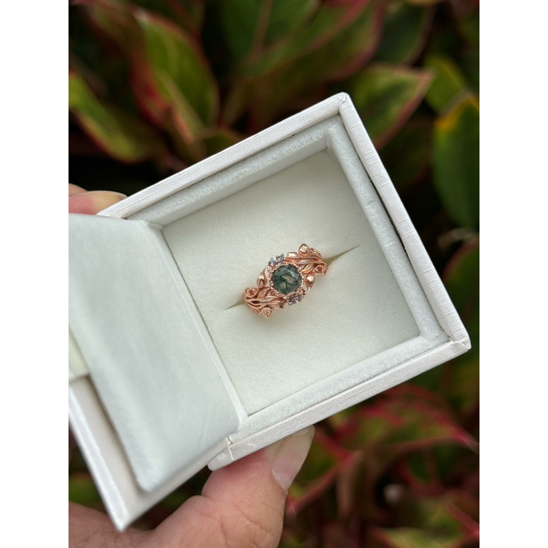 แหวน Moss Agate หินธรรมชาติแท้ S925 Rose Gold หินความหมายดีๆ
