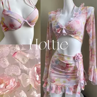 ชุดว่ายน้ำผู้หญิง set bikini ชุดว่ายน้ําลายดอกไม้ ผูกคอ 4 ชิ้น#0231