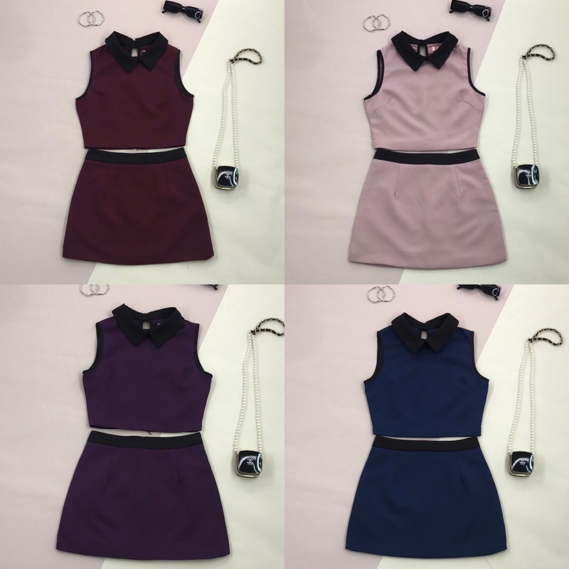 [LISA] A0137 ชุดเซตเสื้อกระโปรงคอปกแขนกุด เรียบหรู