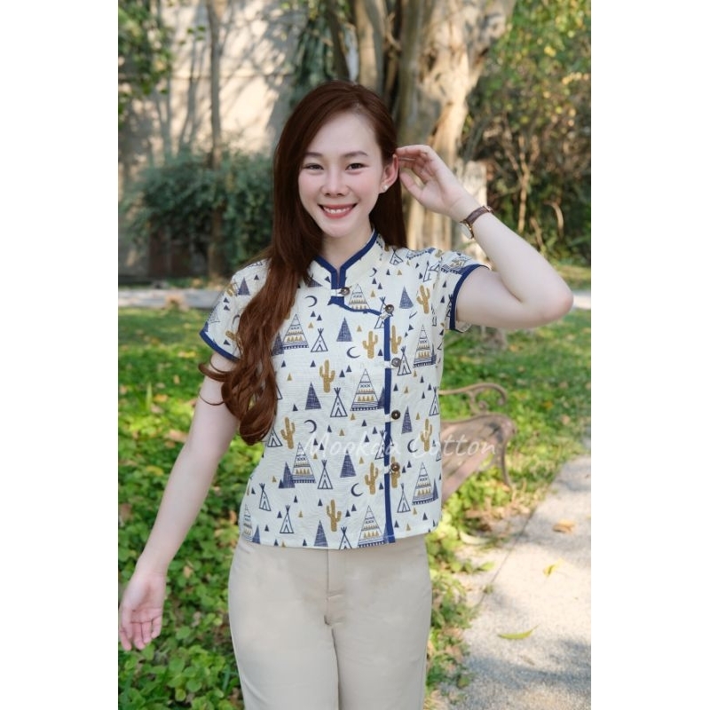 เสื้อผ้าฝ้ายพิมลายคอจีน กระดุมกะลา