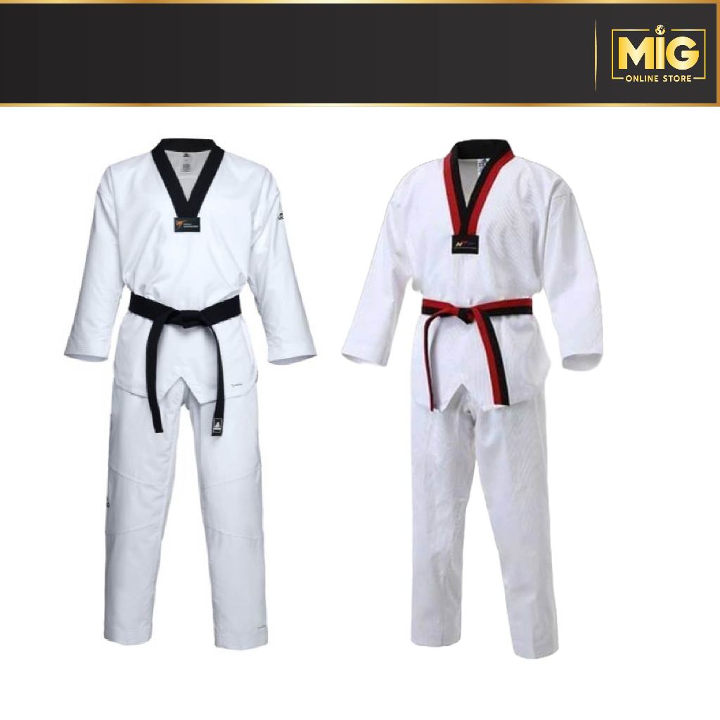 Adidas ชุดเท​ควันโด รุ่น​ adi-Fighter Eco/Elite ผ้านาโน คอดำและคอดำแดง ของแท้ 100%