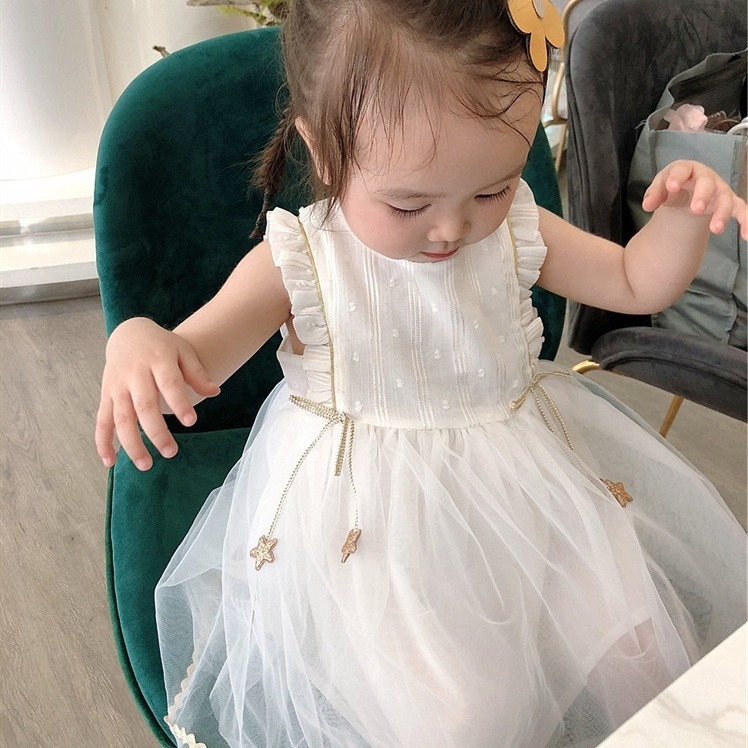 Little Piglet 🐷 พร้อมส่ง เดรส สีขาว Dress ชุดกระโปรง ฟรุ้งฟริ้ง แขนกุด ลูกไม้ น่ารัก ดาว เด็กผู้หญิง