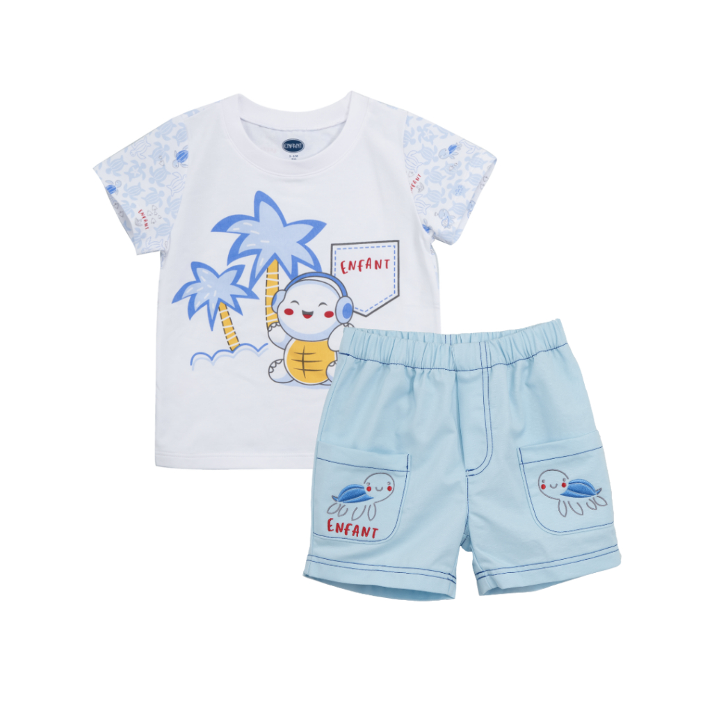 ENFANT (อองฟองต์) ชุดเสื้อ+กางเกงสามส่วน สำหรับเด็กอายุ 3-6 เดือน คอลเลกชั่น เต่าทะเล ผ้าคอตตอนผสมสแปนเด็กซ์ สีฟ้า