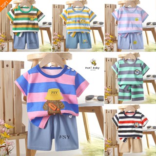 ชุดเสื้อยืดเด็ก เสื้อคอกลม+กางเกง ลายทาง สีสวย ผ้าใส่สบาย เเ…