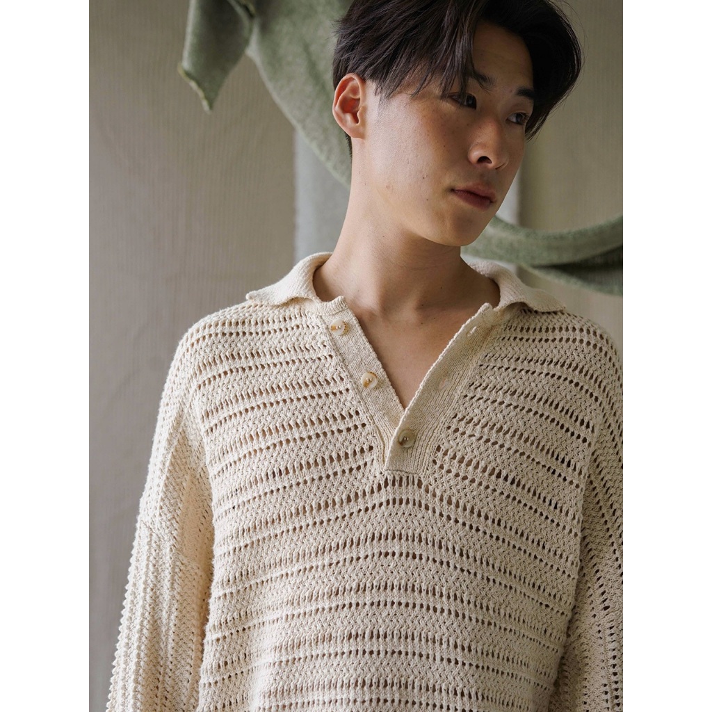 knitCircle - RYAN Long sleeve Polo (2 สี) Men's collection เสื้อไหมพรมแขนยาวทรงโอเวอร์ไซส์ ลายทอรูตลอดทั้งตัว_HIM01