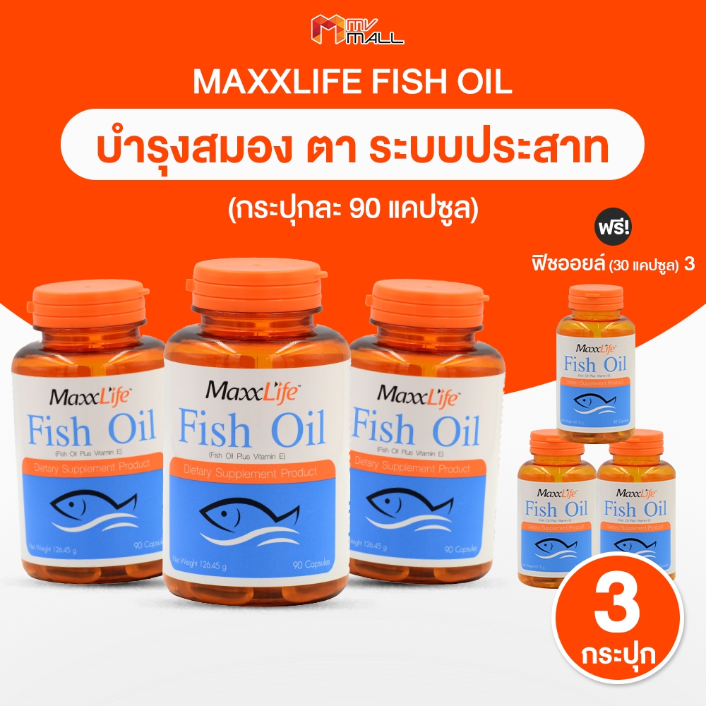 [3 กระปุกใหญ่ แถมฟรี 3 กระปุกเล็ก] MaxxLife Fish Oil Plus Vitamin E แม็กซ์ไลฟ์ น้ำมันปลา ผสมวิตามินอี ขนาด 60 เม็ด