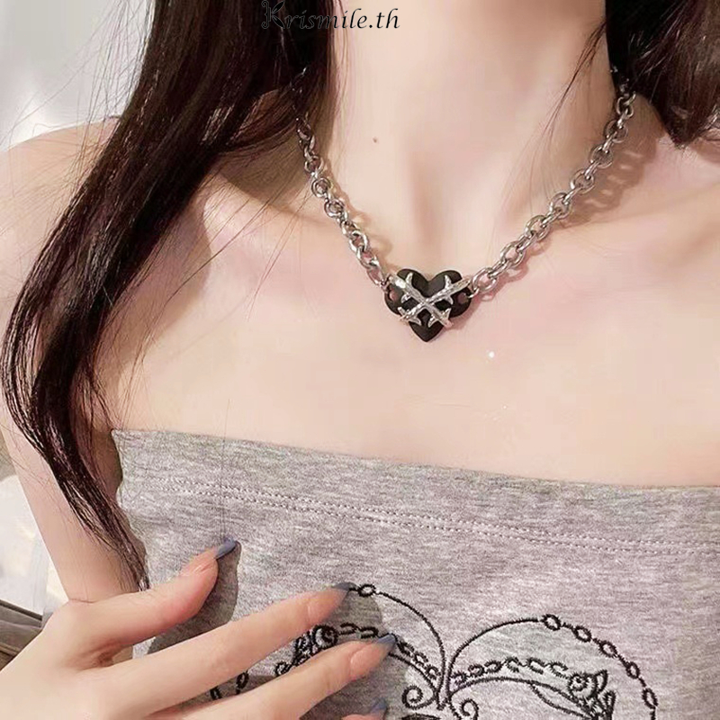 COD-ในไทย💖สร้อยคอ สีดำลายหัวใจ โซ่ไหปลาร้า Y2Kสไตล์ฮิปฮอป ผู้ชายและผู้หญิง เหมาะกับของขวัญ