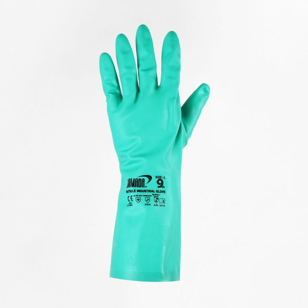 ถุงมือยางไนไตรสีเขียว YAMADA ใช้ป้องกันสารเคมี หนา15 มิล ยาว13นิ้วไซส์ L 1คู่  มาตรฐาน EN 374 Type B