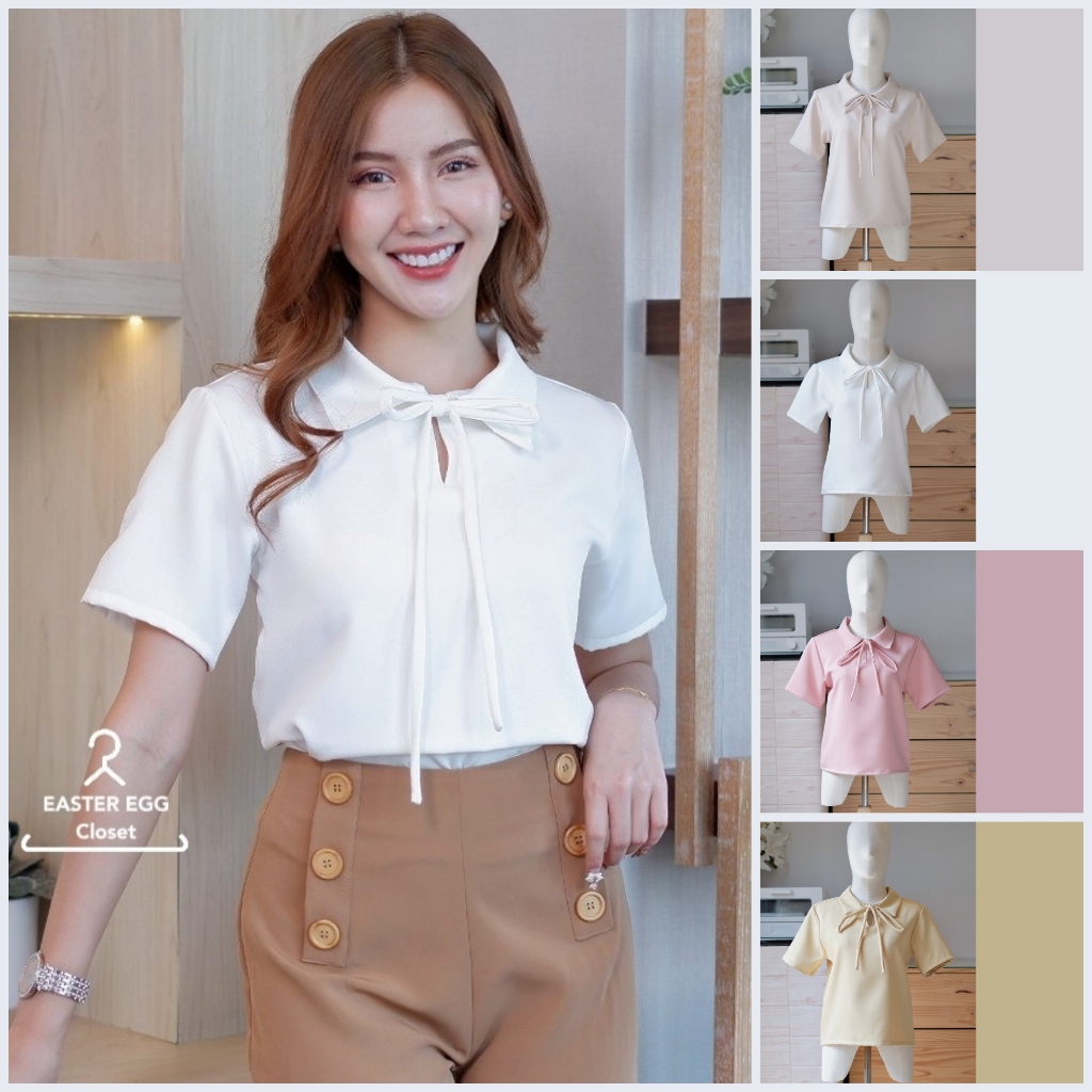 F13 เสื้อทํางานผู้หญิง แขนสั้น คอปก เสื้อยืด แฟชั่น สไตล์มินิมอล ทรงน่ารักมาก ผ้าสวย Easter Egg