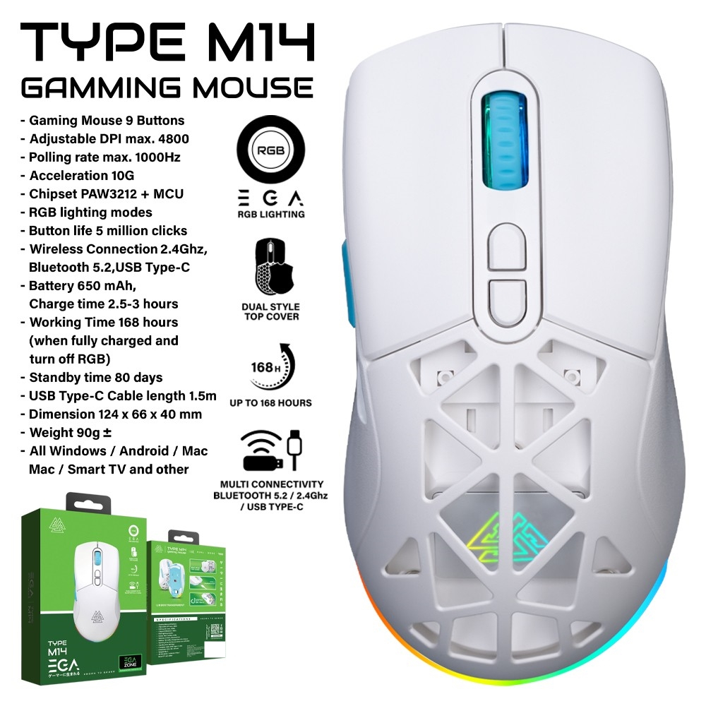 เมาส์ไร้สาย EGA Type M14 Wireless & Bluetooth Gaming Mouse RGB เมาส์เกมมิ่งไร้สาย เมาส์เกมมิ่ง ประกันศูนย์ 2 ปี รูปที่ 2
