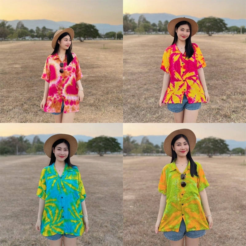N32เสื้อเชิ้ตฮาวายมัดย้อมแขนสั้นเนื้อผ้าแมมเบิร์ต(แยกซัก1-3รอบ)