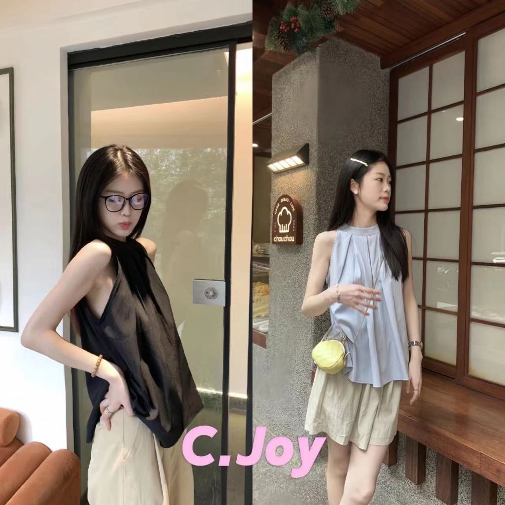 C.Joy เสื้อกั๊กแขนกุดสไตล์เกาหลีเกาะอกเสื้อเชิ้ตผู้หญิงดีไซน์สั้นเสื้อเกาะอกบรรยากาศริมทะเล