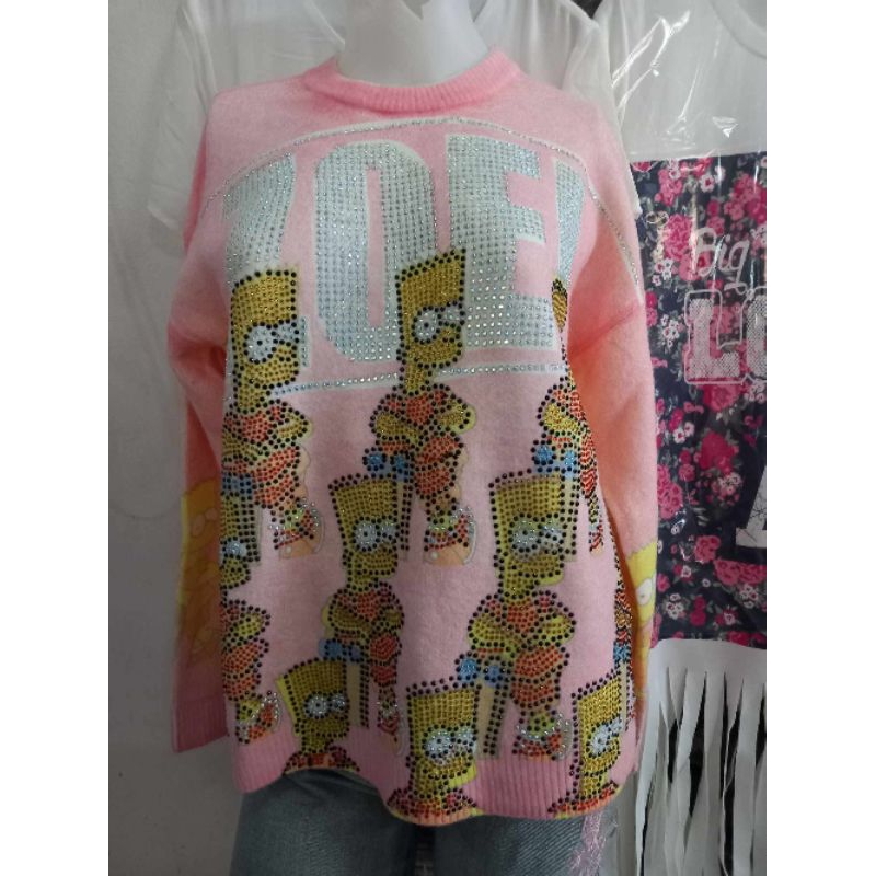 เสื้อกันหนาวไหมพรมแขนยาวอย่างดี รีดเพชรลายการ์ตูน