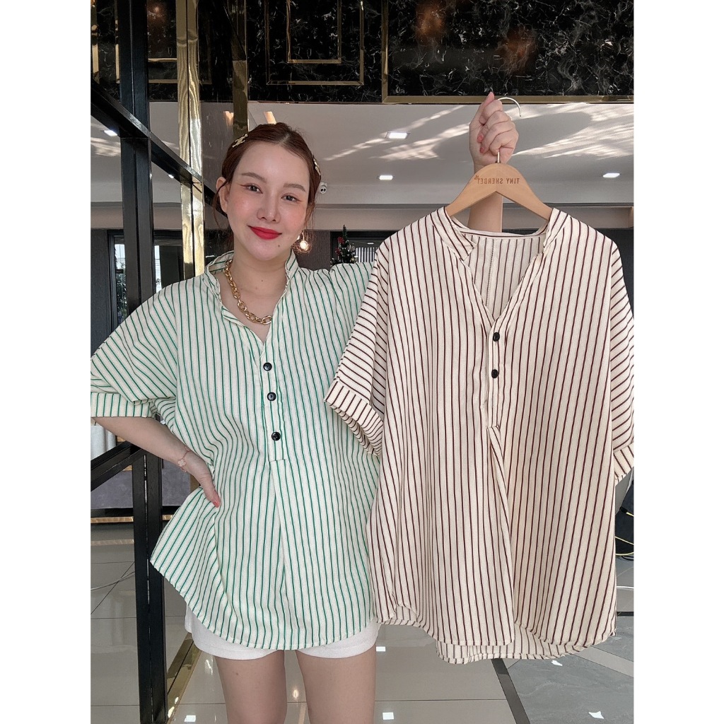 🤎เสื้อคอจีน 💚 ลายริ้ว ใส่สวย พรางหุ่น ผ้านิ่มมาก รอบอก46 หยิบใส่ได้หลายโอกาส E20 - Tinysherbet