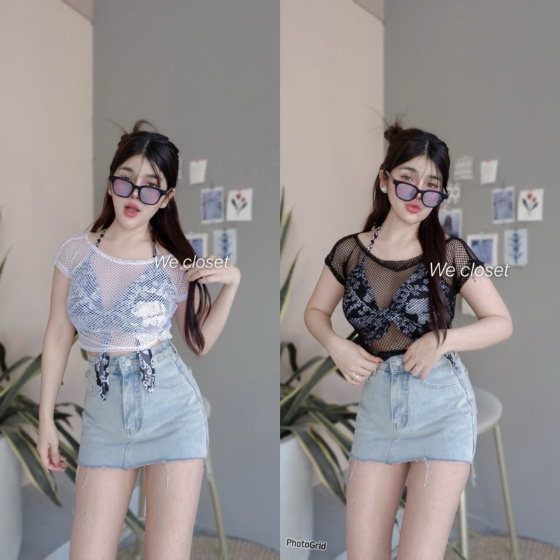 mnv_shop set2ชิ้นเสื้อครอปตะข่าย+บราลายช้าง สงกรานต์นี้ห้ามพลาดน๊าสาวๆ