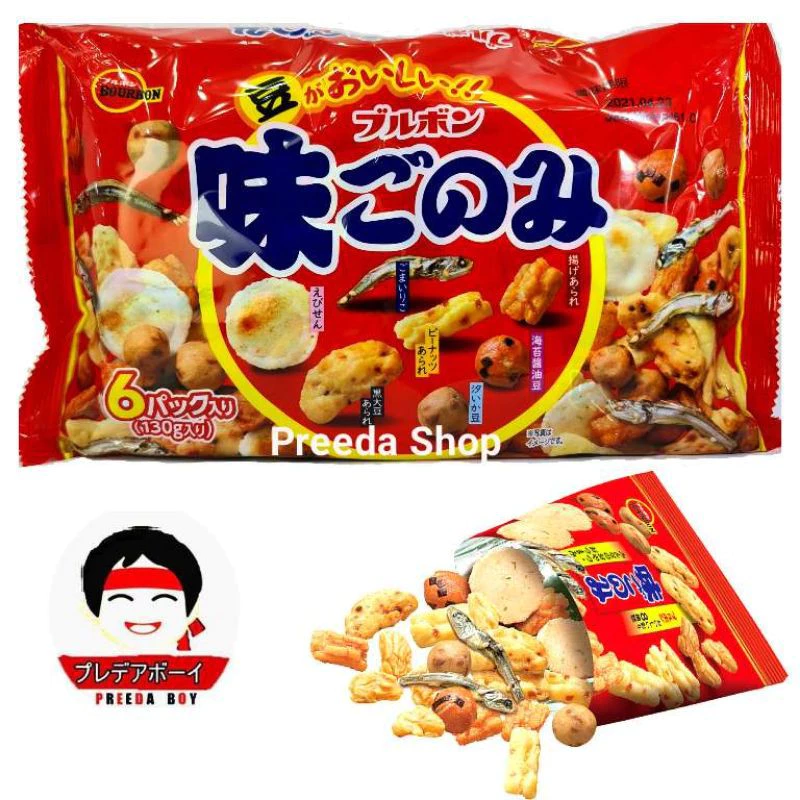 Bourbon Ajigomi Family 92 g. ข้าวอบกรอบ และ ถั่วผสมปลาตัวเล็ก รวมรส 7 ชนิด เซมเบ้ จากญี่ปุ่น (1ถุง 5 ซอง)