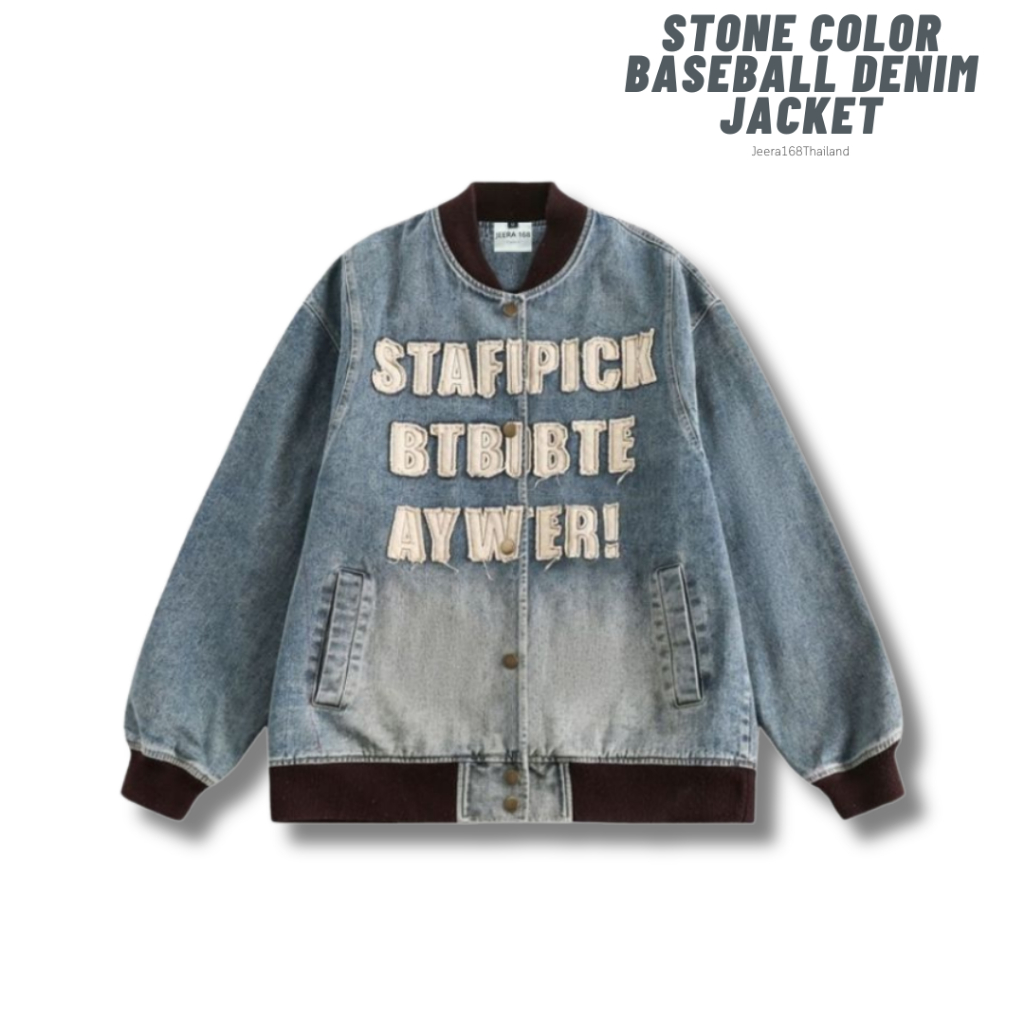 jeera168 | รุ่น Stone color baseball Denim Jacket เสื้อแจ็คเก็ตยีนส์ Unisex Hip-Hop Style เนื้อผ้ายีนส์