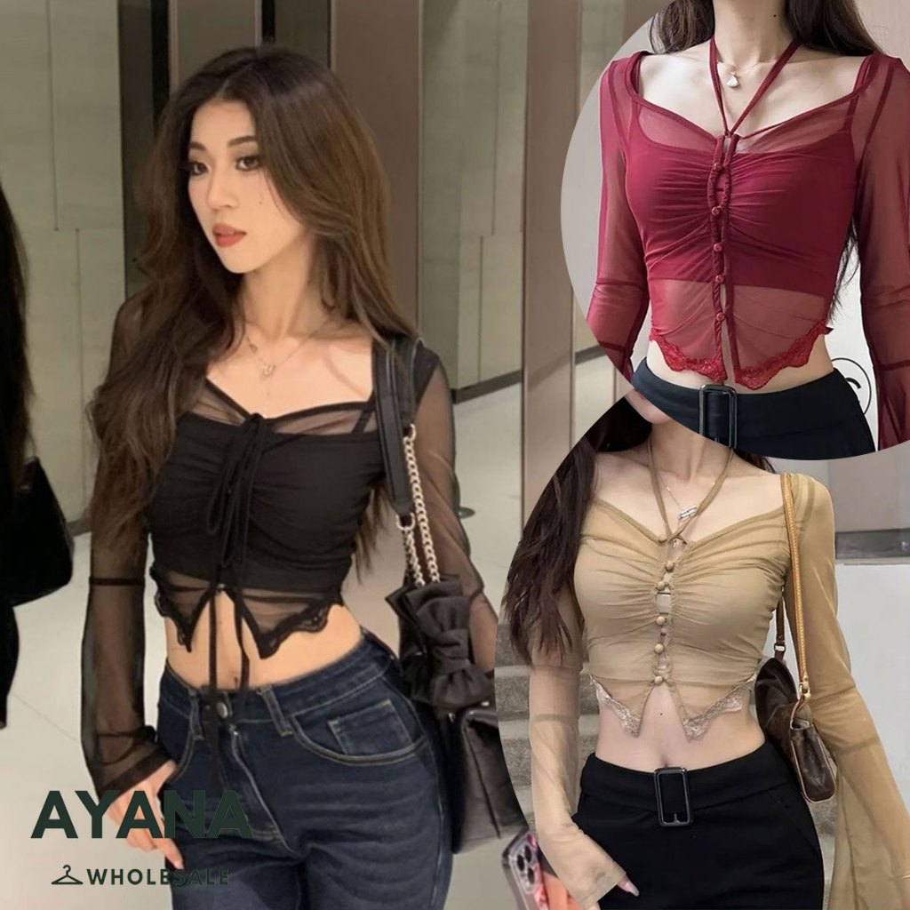 เสื้อครอปซีทรูเเขนยาว เชือกผูกด้านหน้าพร้อมกระดุม สำหรับสาวเเซ่บ