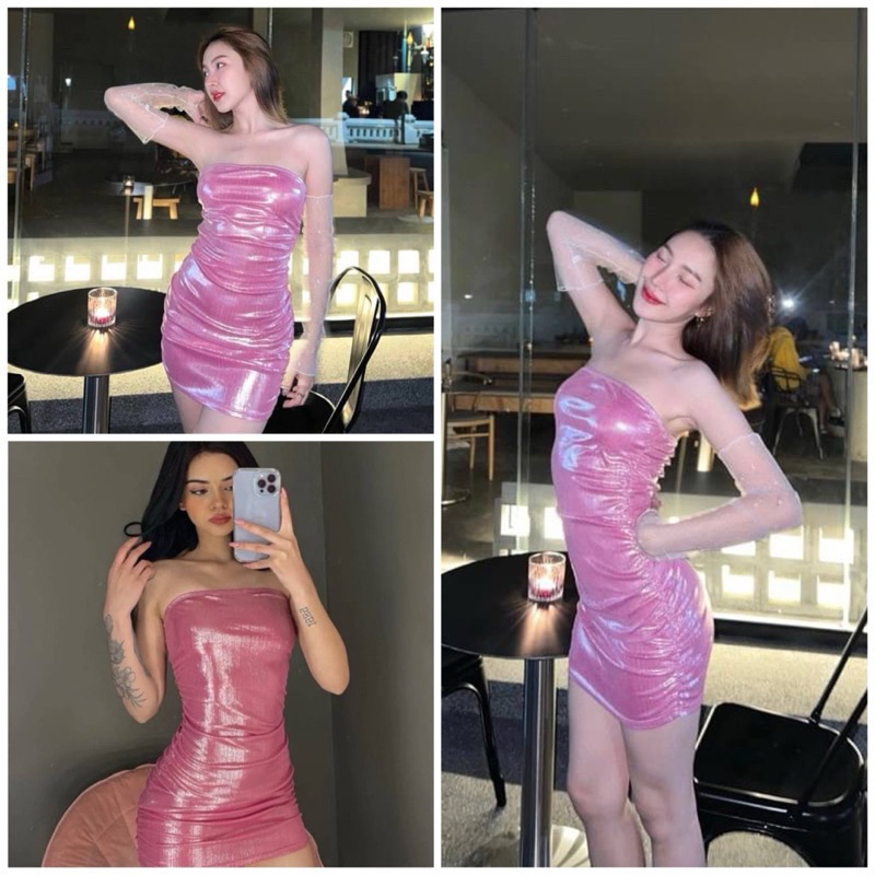 มินิเดรสรัดรูปสีชมพูผ้าวิ้งค์ Partyสุดๆใส่แล้วเกิดแน่นอน