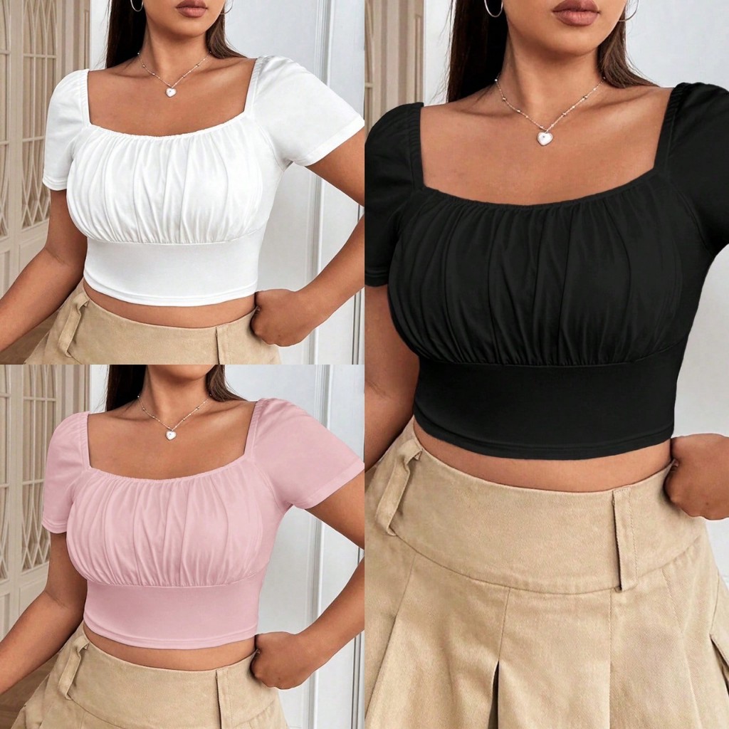 พร้อมส่ง เสื้อครอปพลัสไซต์ สาวอวบ คอเหลี่ยม พับจีบหน้าอก ผ้ายืด