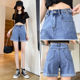 GHAOHES  กางเกงขาสั้นผ้าเดนิม ขอบกางเกงสามารถม้วนได้ ปรับเอว…