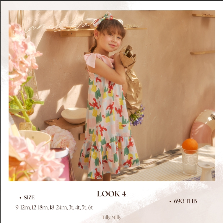Tilly Milly ชุดเดรสเด็กผู้หญิงสม๊อคสายเดี่ยวและโบว์คาดผม ลายกุ้ง Look 04 - summer daze