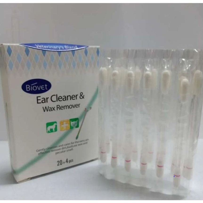 ก้านสำลีทำความสะอาดหูสุนัข แมว น้ำยาทำความสะอาดหู Biovet Ear Cleaner & Wax Remover 24pcs.