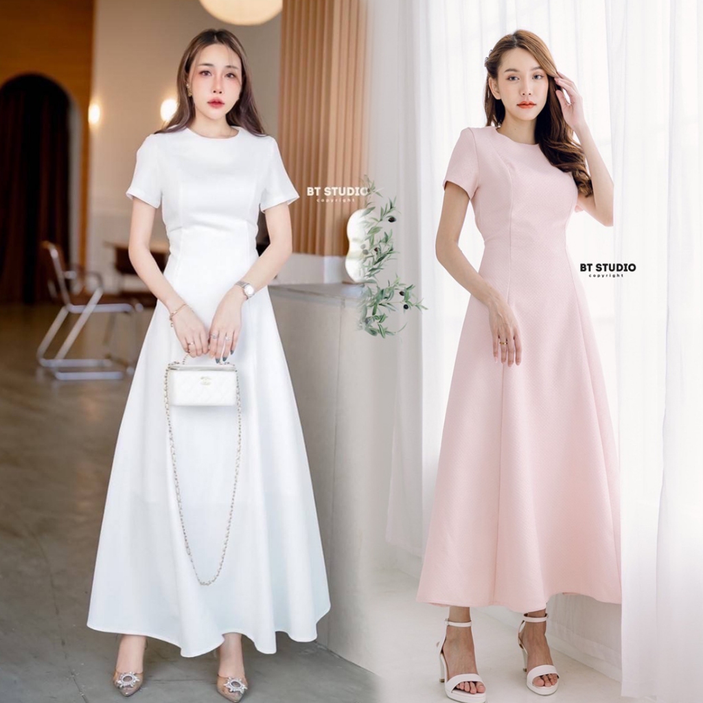 S-XL 3สี ชุดเดรสยาวออกงาน สีชมพู,สีขาว,สีดำ แขนสั้น
