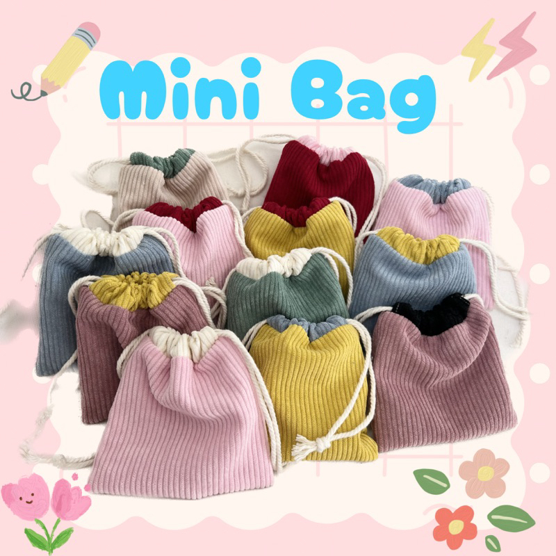 🎀กระเป๋าผ้าหูรูดไซต์เล็ก ผ้าลูกฟูก สำหรับเก็บที่ชาร์จมือถือ หูฟัง กุญแจ