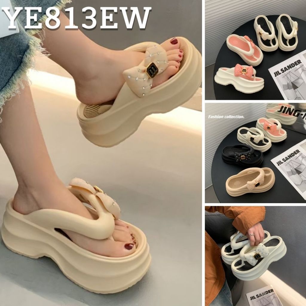 YNK-8 รองเท้าแตะผู้หญฺิง ส้นตึก ประดับโบว์ รองเท้าแตะหูคีบ เพิ่มส้น งานEVA แข็งแรง ทนทาน สีพื้น