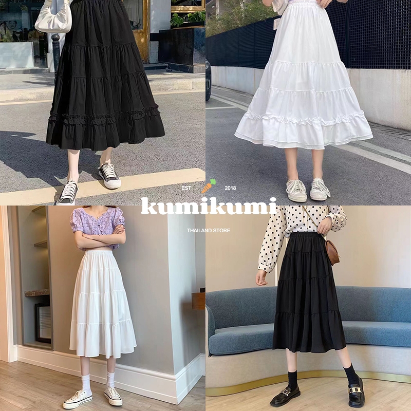 กระโปรงยาวสีพื้น เอวสูงเวอร์ชั่นเกาหลี ขอบเอวยางยืด กระโปรงทรงเอสีขาวมีดีไซน์และมีซับใน ผ้าอย่างดี สไตล์โบฮีเมี่ยน