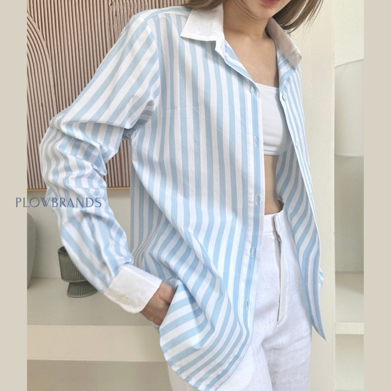 PLOWBRANDS TLC1001 เสื้อเชิ้ตผ้า Egyptian cotton100% ลายริ้วสีพาสเทล แขนยาว Basic​ cotton​ candy​ แต่งดีเทลปกและข้อมือ