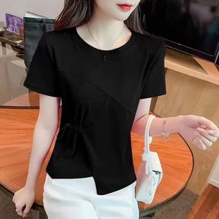 ps-รุ่น-355เสื้อยืดแขนสั้นคอกลมเอวข้างแต่งเชื่อกดึงได้มาใหม่ สุดฮิตสไตล์เกาหลี ผ้านุ่มสวมใส่สบาย พร้อมส่ง