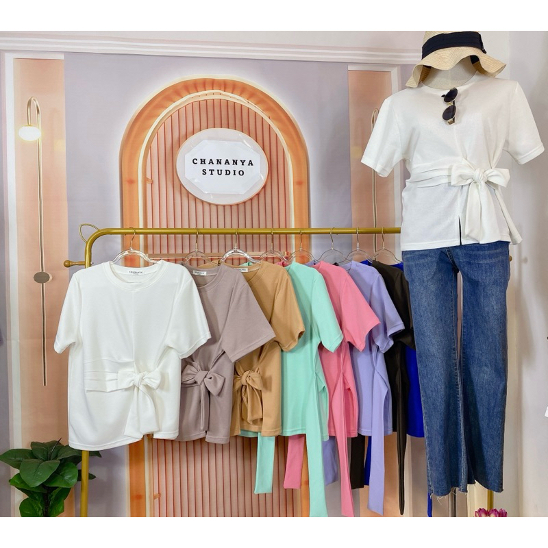 New เสื้อยืดแฟชั่น เนื้อผ้าคอนตอลผสม รุ่นผูกโบว์หน้า