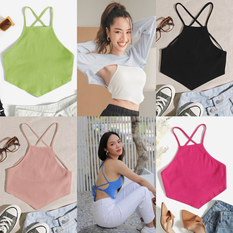 พร้อมส่งจากไทย เสื้อสายเดี่ยว เปลือยหลังสาวอวบ สายผูกไขว้หลัง ชายหน้าทรงสามเหลี่ยม สายเดี่ยวสาวอวบ อก38-42นิ้ว สีพื้น