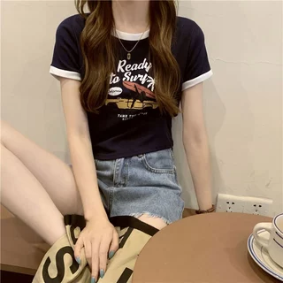 เสื้อครอปแขนสั้นรัดรูปสวยๆผู้หญิงฤดูร้อนใหม่ เสื้อผ้าแฟชั่นสาวอวบมินิมอลสไตล์เกาหลี เสื้อยืดที่กําลังฮิต ผ้ายืดใส่สบาย