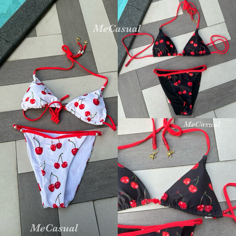 พร้อมส่ง Bikini Cherryบิกินี่พิมพ์ลายเชอร์รี่ สายสีแดงมัดโบว์คอ สายฝอ แต่งลูกปัดน่ารักมาก