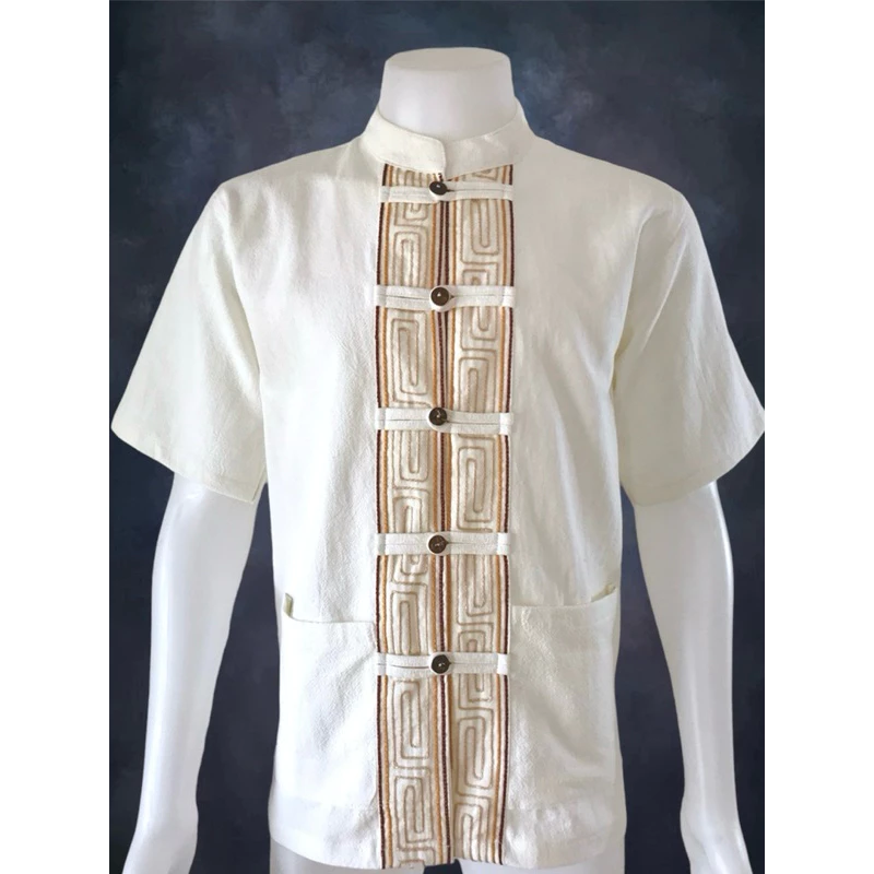 เสื้อผ้าเมือง คอจีน กระดุมกะลา เดินเชือก(สี) ครีม แขนสั้น