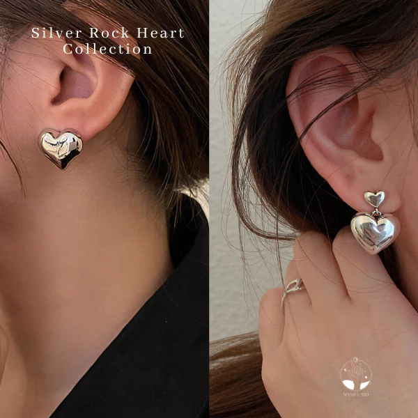 MNL💗ต่างหูหัวใจสีเงิน Silver Rock Heart แบบแป้น เครื่องประดับแฟชั่น เงินแท้ ผู้หญิง ใส่ออกงาน ใส่เที่ยว ของขวัญ