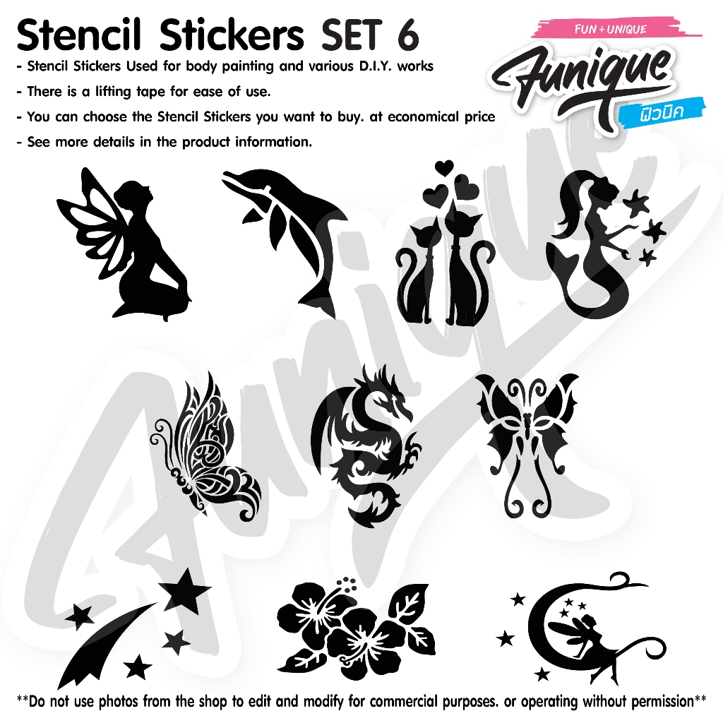 SET 6 แบบลายสติ๊กเกอร์ สำหรับเพ้นท์ ผิวหน้า และผิวกาย