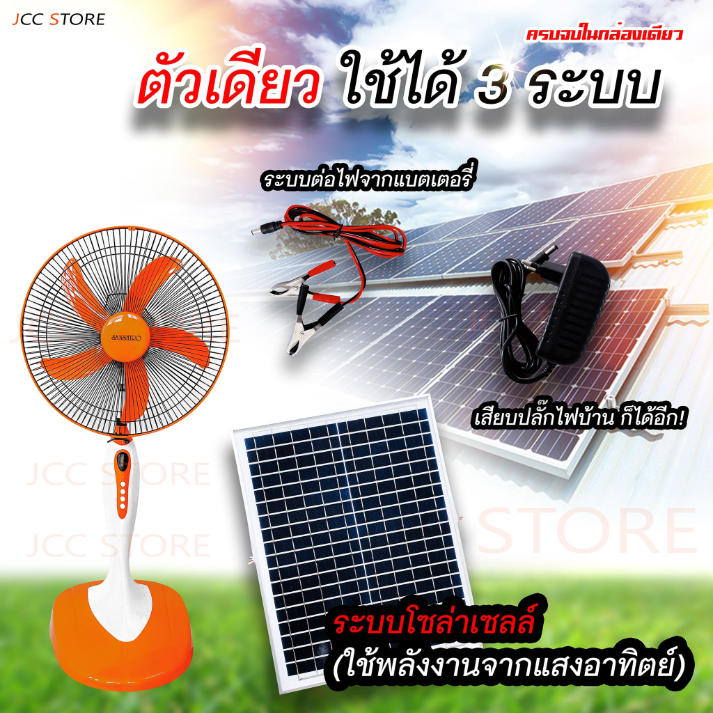 พัดลมตั้งพื้น Sanshiro 16" นิ้ว ใช้ไฟโซล่าเซลส์ 12 V DC และไฟบ้าน 220 v รับประกัน 2 ปี