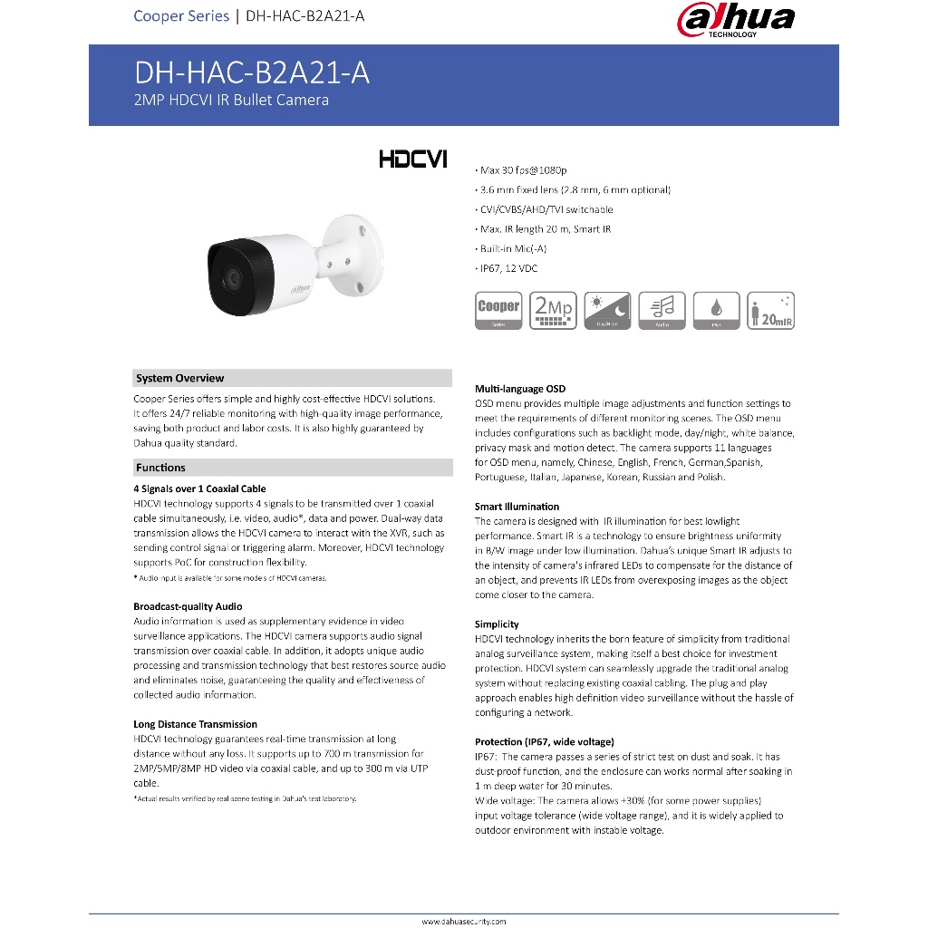 DAHUA DH-HAC-B2A21P-A (3.6 mm.) กล้องวงจรปิดระบบ HD 2 ล้านพิกเซล มีไมค์ในตัว BY BILLION AND BEYOND SHOP