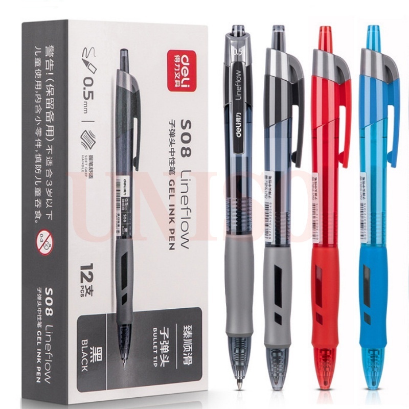 (ยกกล่อง) Deli S08 ปากกาเจล แบบกด 0.5mm มี 3สี ให้เลือก มีไส้เปลี่ยน จับสบายมือ หมึกเจลคุณภาพดี #ปากกา #school #office