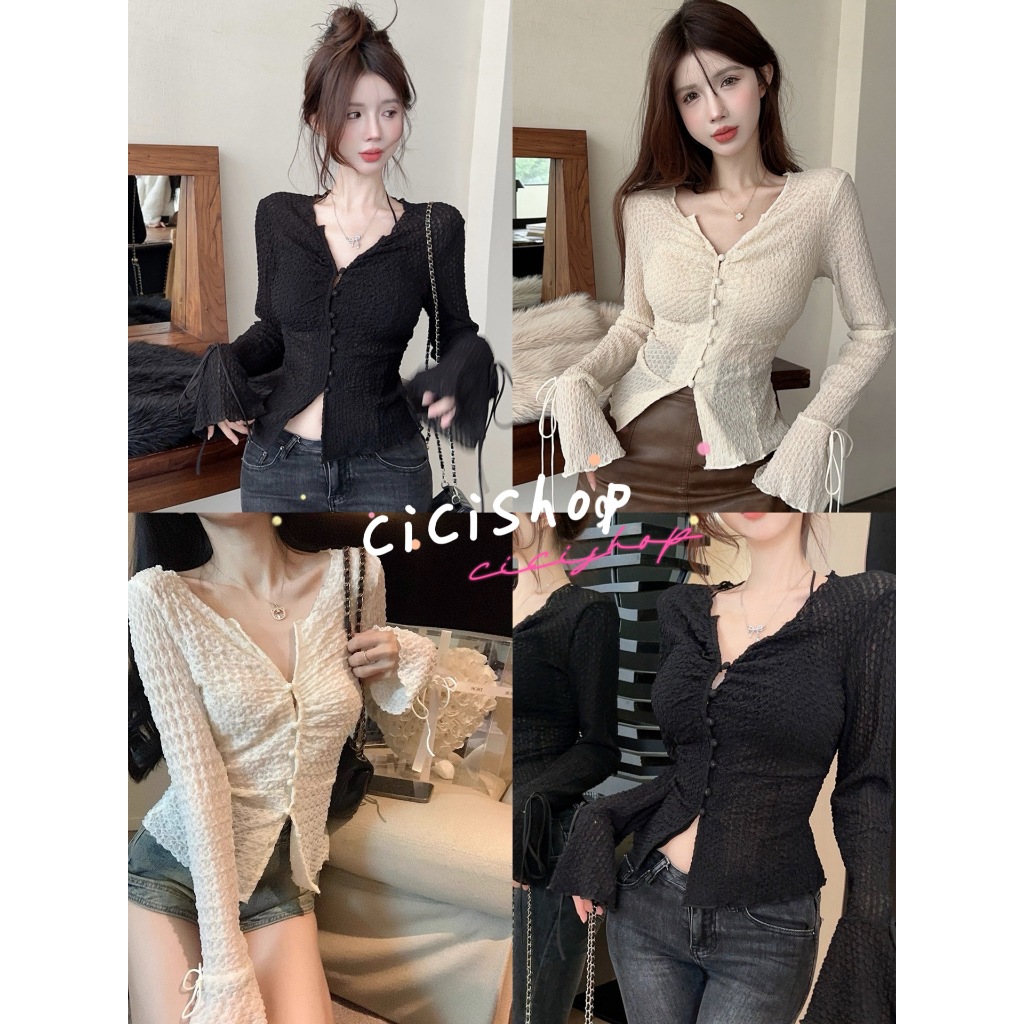 Cicishop(Y53)เสื้อแขนยาวคอวี ดีเทลแขนกระดิ่ง ผ้าโพลีเอสเตอร์ สไตล์เรียบหรูดูแพง