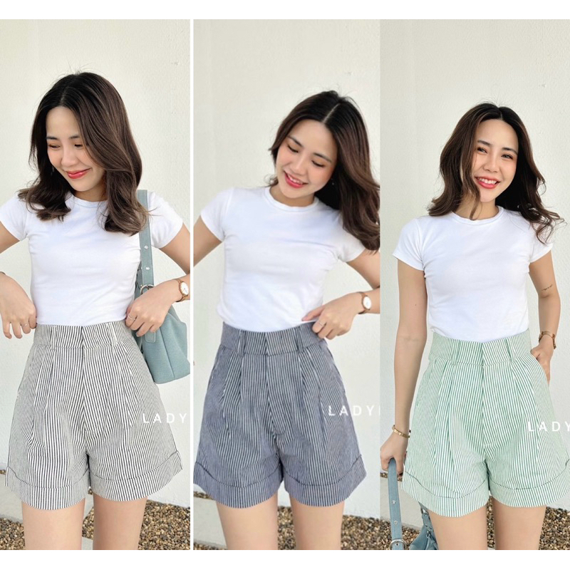 Ln1🌈กางเกงขาสั้น ลายริ้ว ขาพับ ผ้ายีนส์ ทรงสวย