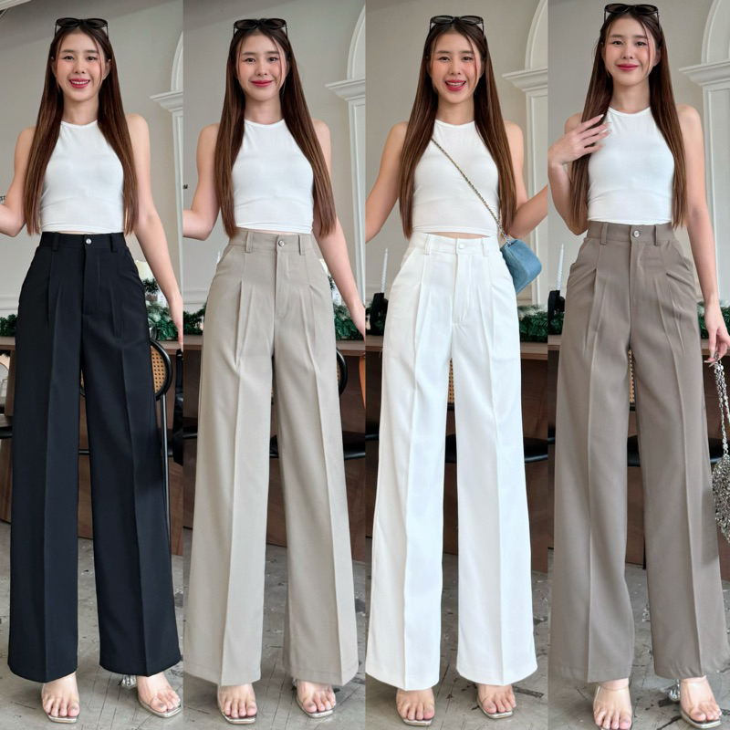 Lilly pants กางเกงขากระบอก มีหูเข็มขัด รุ่นกระดุมหน้า (ผ้าลิลลี่)